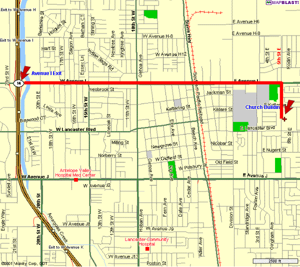 Map showing how to drive to the church building from the Avenue I exit of State Road 14